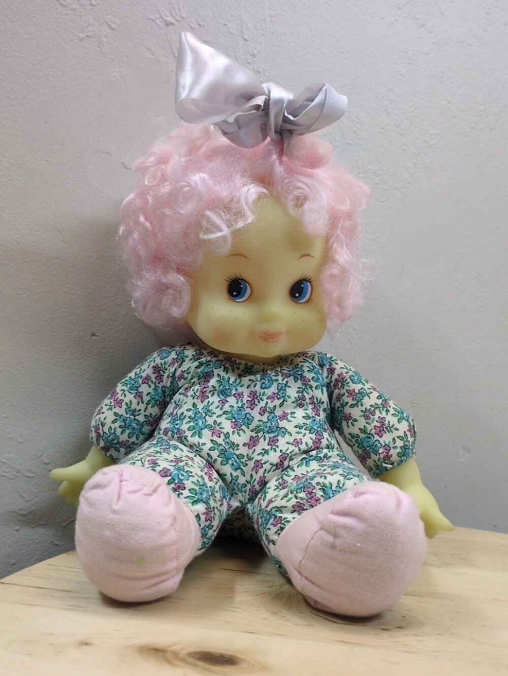 Vintage 1983 Italian Doll Pink Curly Hair Blue Eyes Floral Soft Body